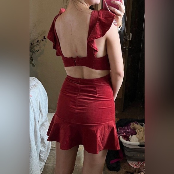Red Ruffle Cutout Corduroy Bodycon Mini Dress - Picture 3 of 3